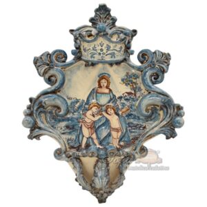 Acquasantiera grande appl 25x35 madonna del cardellino mono blu