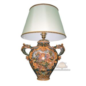 Lume boccia c/manici pesci h 35 c/greca rilievo cavaliere ornato calatino (h60 c/paralume Ø40)