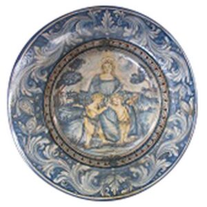 Piatto cap. prete Ø 35 c/madonna del cardellino ornato mono blu