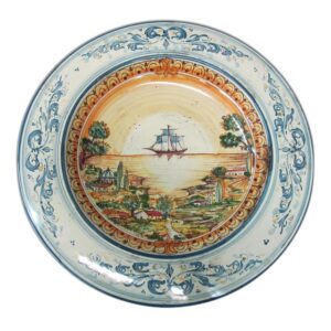 Piatto cap. prete c/veliero Ø 35 s. d'arte blu/arancio