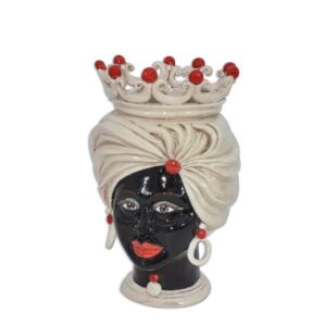 Testa h 20 tuareg con corona madreperla antichizzato c/perline rosse femmina moro viso lucido