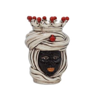 Testa h 20 tuareg con corona madreperla antichizzato c/perline rosse maschio moro viso lucido