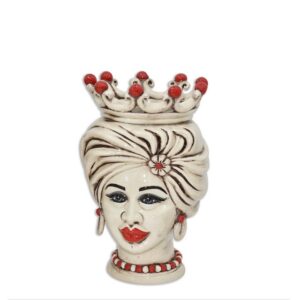Testa h 20 tuareg con corona madreperla antichizzato c/perline rosse femmina viso chiaro