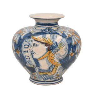 Vaso palla h 35 ornato fondo arancio decoro santo/pa c/figurato