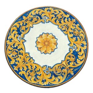 Tavolo in pietra lavica Ø 70 ornato c/rosone fondo blu (c/piede articolo 109/a)