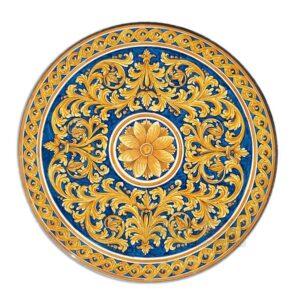 Tavolo in pietra lavica rettan. 60x120 ornato fondo blu (c/piede articolo 111)
